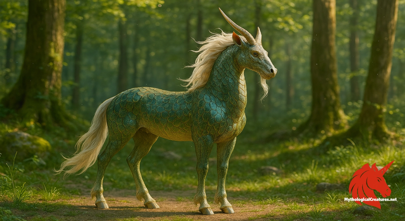The mythical Kirin stands tall and majestic, its body protected by natural, scale-like armor that glimmers faintly in shades of emerald green and gold. The mythical Kirin stands tall and majestic, its body protected by natural, scale-like armor that glimmers faintly in shades of emerald green and gold.