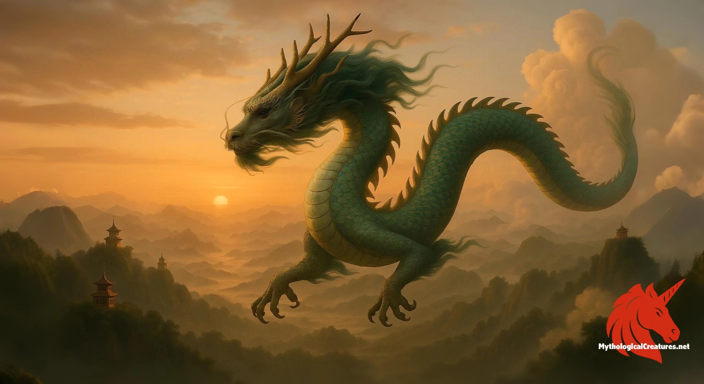 A Celestial Dragon (Tianlong) from Chinese mythology, soaring through the sky above a sacred mountain range bathed in the golden light of dawn A Celestial Dragon (Tianlong) from Chinese mythology, soaring through the sky above a sacred mountain range bathed in the golden light of dawn